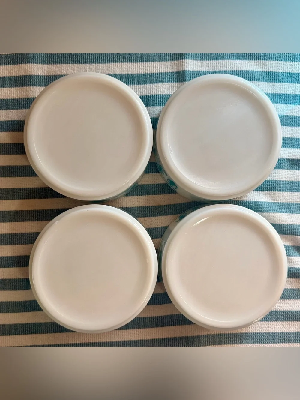 Vintage 1950s Hazel Atlas Kitchen Aids Milk Glass Turquoise Teal Set of 4 Bowls
